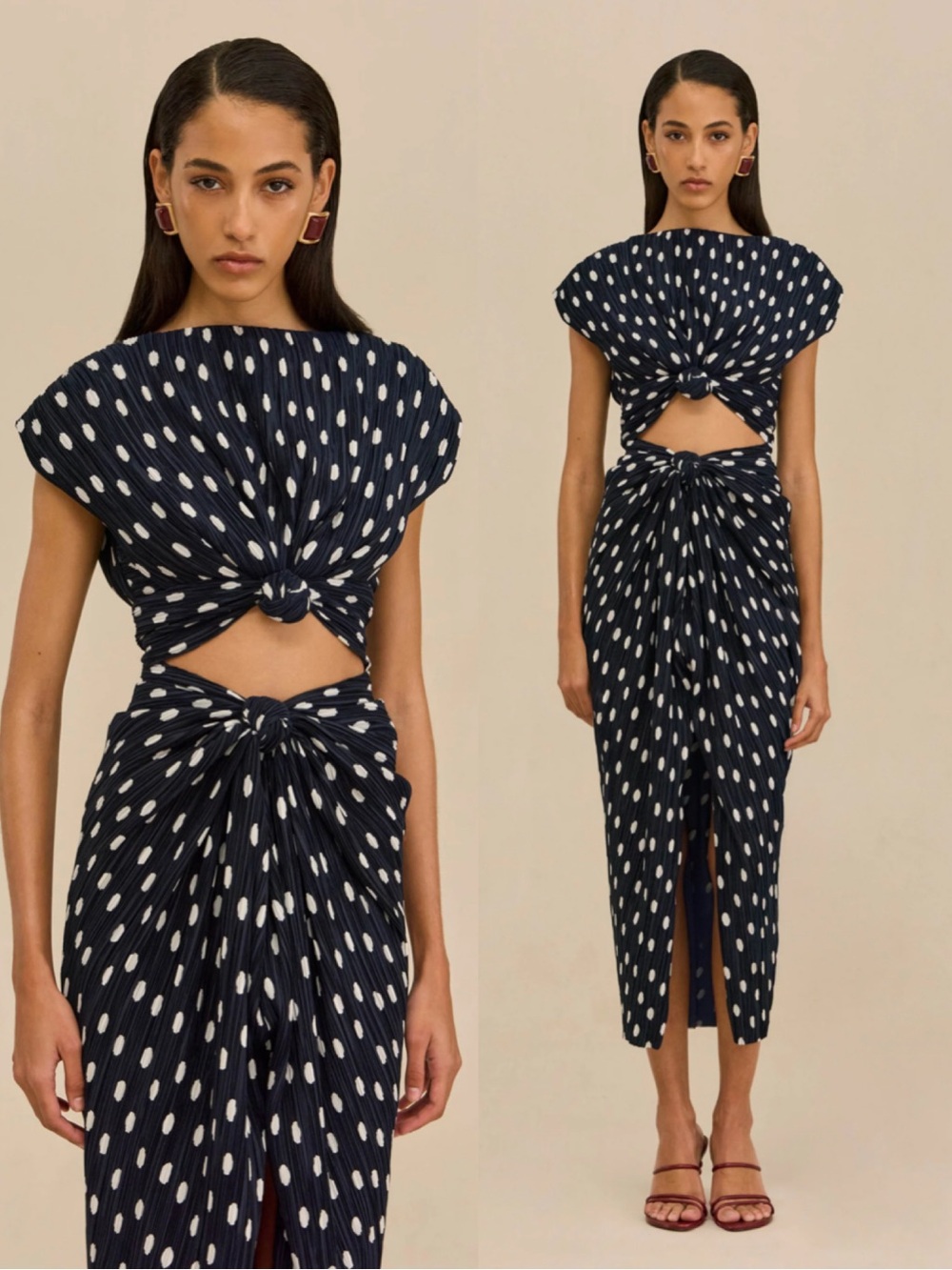 Cult Gaia Aira Navy Polka Dot Twist-Front Cutout Midi Dress Size 0 - Picture 3 of 13